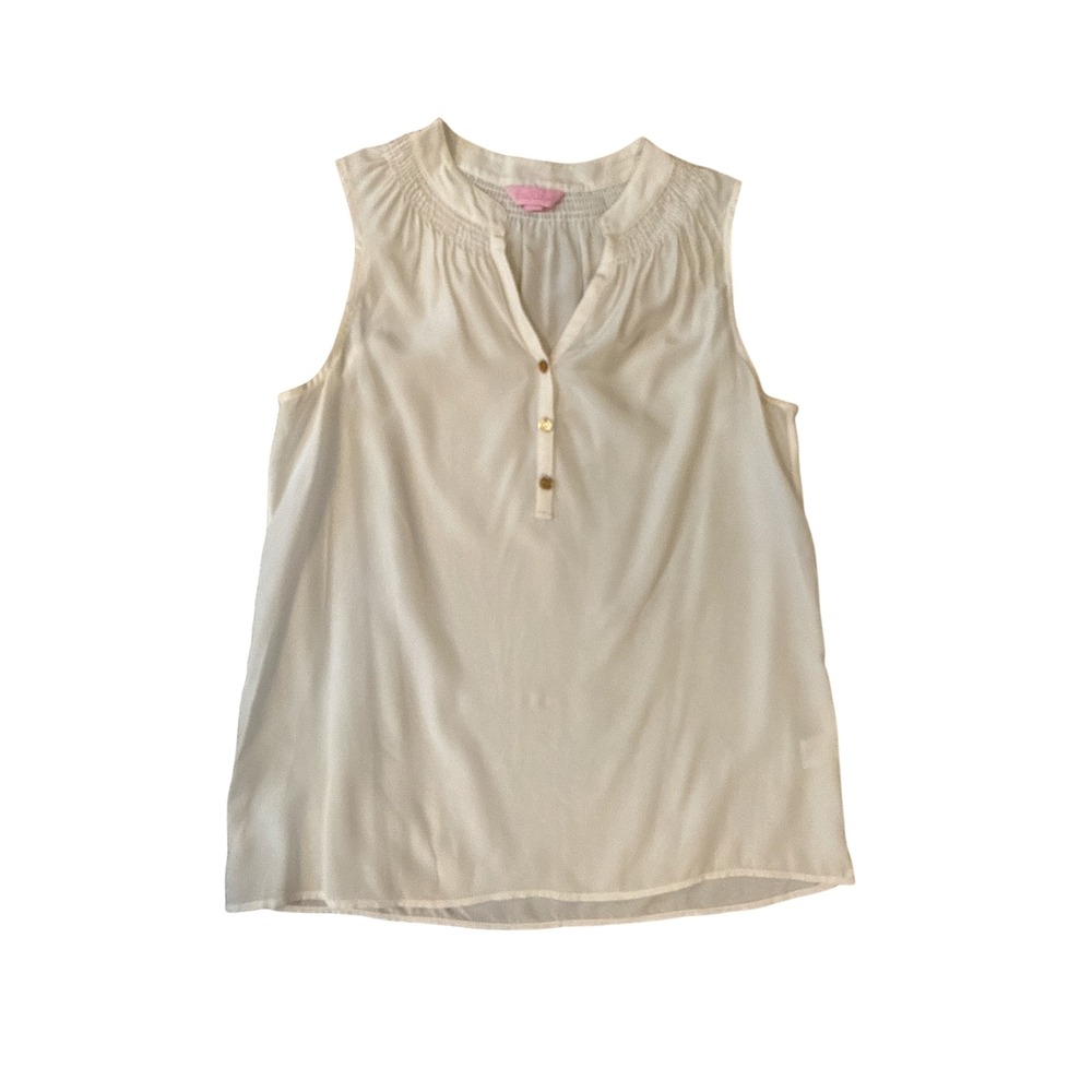 Lilly Pulitzer Silk Blouse Womens Small White Good Sleeveless Henley Top Smocked
